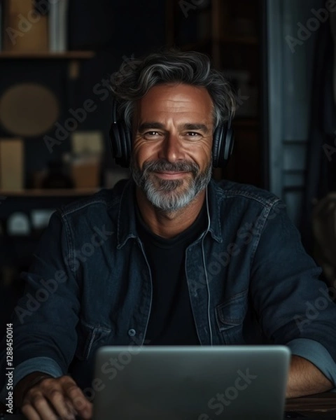 Fototapeta Smiling mature man wearing headphones and working on a laptop in a cozy home office with bookshelves in the background.
