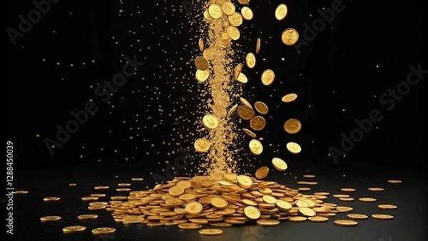Fototapeta Golden Coin Shower 3D Render, Wealth Concept, Abstract Composition, Black Background wealth, prosperity