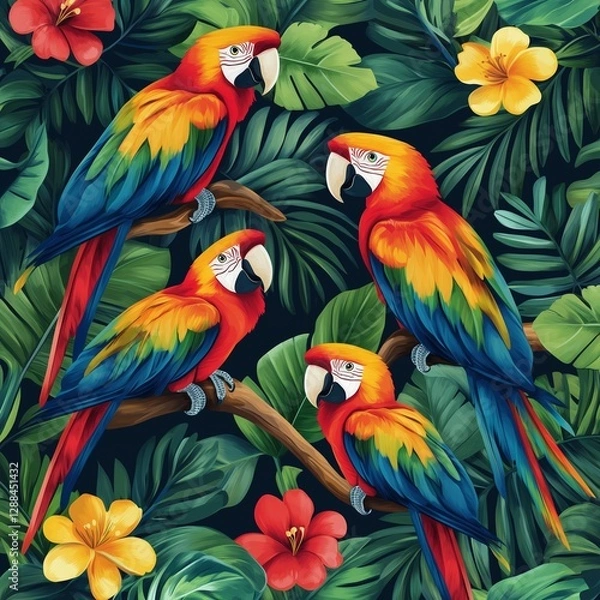 Fototapeta A colorful macaw parrot with vibrant feathers sitting isolated in a tropical setting
