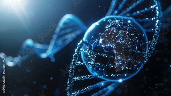Fototapeta A digital rendering of a glowing DNA strand, representing genetic code.