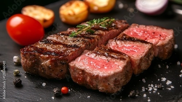 Fototapeta Mouthwatering Grilled Beef Steak Dish Served on a Wooden Platter with Fresh Tomatoes Onions Rosemary and Seasoning   Delicious and Savory Culinary Masterpiece