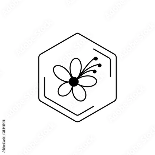 Fototapeta Minimalist floral emblem in hexagon frame. Lipa Vector black line pictogram. Floral themes, pollen, field honey in a minimalistic style.