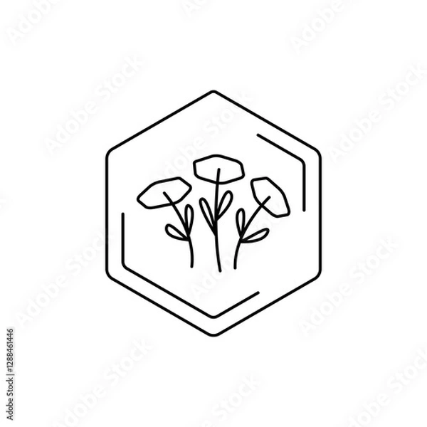 Fototapeta Chamomiles Vector black line pictogram. Minimalist flower emblem inside hexagon outline. Floral themes, pollen, field honey in a minimalistic style.