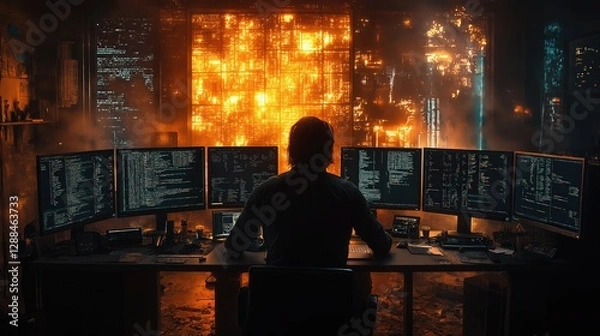 Fototapeta software developer coding on multiple monitors in sleek tech office with glowing screens
