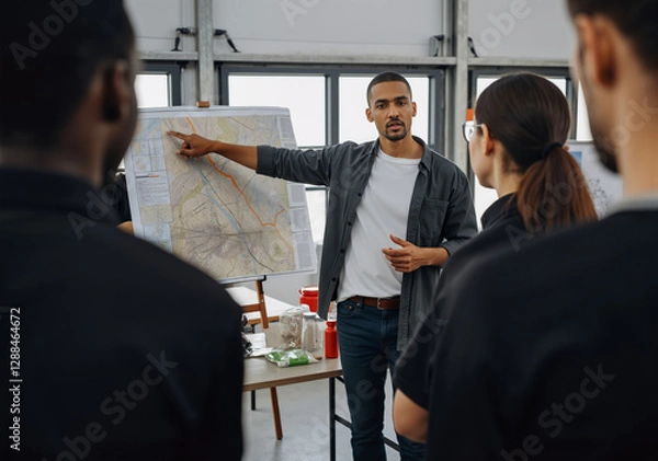 Obraz Confident male team leader pointing at map during emergency response training, sharing strategy with diverse team in preparation for disaster relief