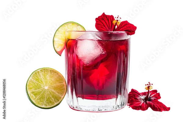 Obraz Refreshing Red Beverage with Lime Garnish and Hibiscus Flowers