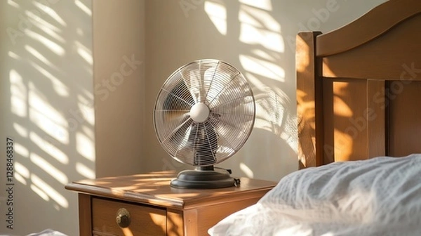 Obraz A vintage fan rests on a wooden nightstand beside a bed, illuminated by soft sunlight casting shadows on the wall.