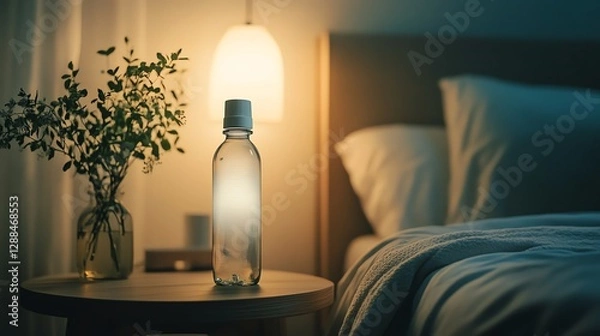 Fototapeta A cozy bedroom scene featuring a water bottle on a bedside table, illuminated by soft light, with a vase of flowers and a comfortable bed in the background.