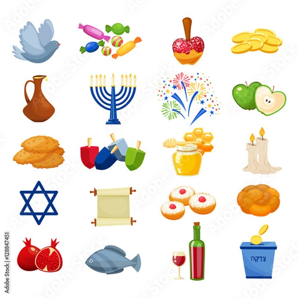 Fototapeta Various symbols and items of hanukkah celebration flat icons set isolated vector illustration