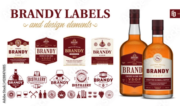 Fototapeta Vector red and beige premium quality brandy labels. Realistic brandy glass bottle mockups