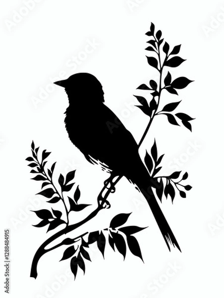 Fototapeta Black and white bird is perched on a branch. The bird is small and has a black body. The branch is green and has leaves. The image has a calm and peaceful mood