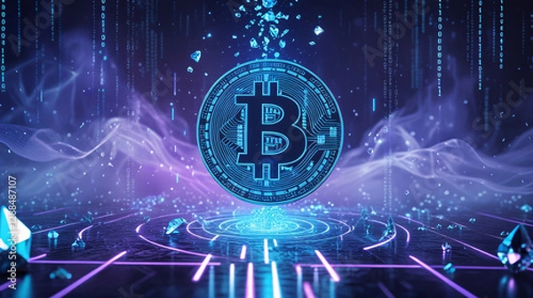 Fototapeta A Mesmerizing Digital Scene with a Glowing Bitcoin Symbol, Digital Rain, Geometric Patterns, and Streams of Binary Code, Depicting the Power and Future of Cryptocurrency in a Neon World