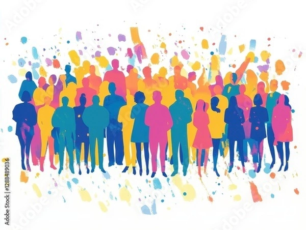 Fototapeta A Vibrant Crowd: Colorful Silhouettes Representing Unity and Diversity in a Splash of Paint
