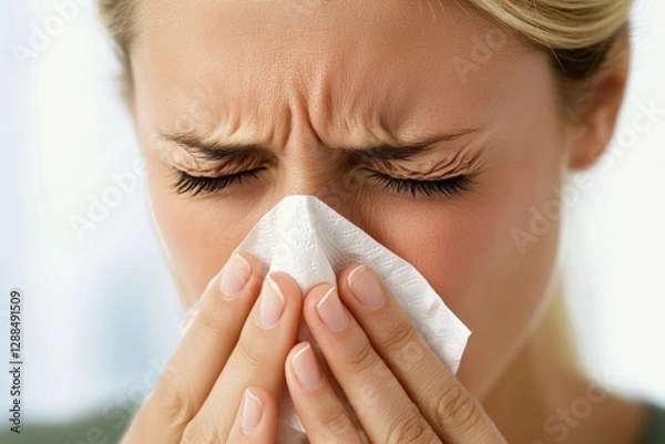 Fototapeta Person with a runny nose holding a tissue while visibly uncomfortable in a bright indoor space. Generative AI