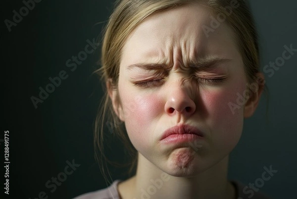 Fototapeta Swollen face reaction from a bee sting during an afternoon outdoors. Generative AI
