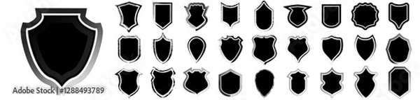 Fototapeta Hand drawn frame shields policeman badge set vector. Illustration of security black labels. Shield blank emblems, military shields silhouettes. 
