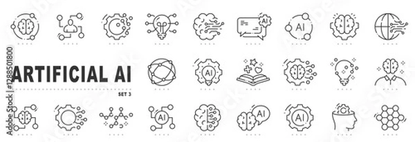 Fototapeta Set of AI related line icons. Artificial, tech, intelligence; brain; mind etc. Editable stroke. Set 3