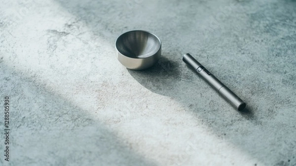 Fototapeta Vaping device on a smooth concrete surface with a small metallic bowl. Featuring sleek modern design and calm