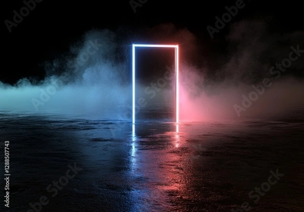 Obraz A 3D rendering features a blue and pink neon abstract background that includes a glowing arch, rectangular shape, ultraviolet light, and a laser show performance stage with wall reflection
