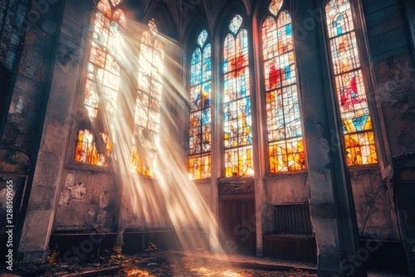 Fototapeta Sunlight streaming through restored stained glass in a once ruined church now revitalized. Generative AI