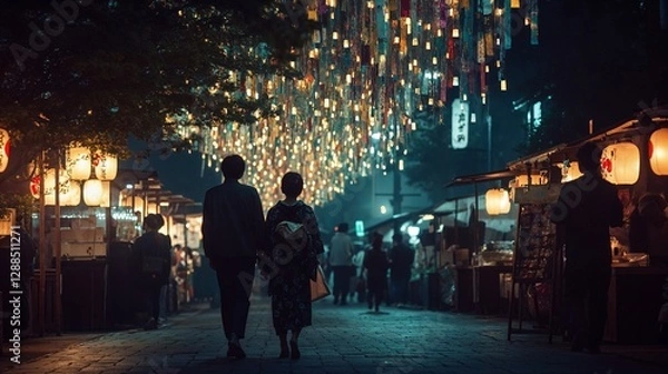 Fototapeta A festival street in Japan during Tanabata, filled with vibrant decorations, long flowing streamers, and people in traditional yukata enjoying the summer night, lanterns glowing warmly above.