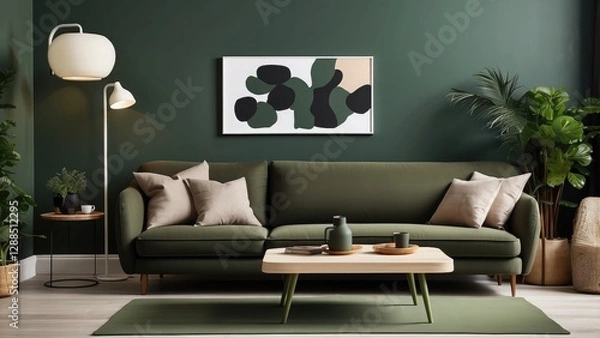 Fototapeta A contemporary living area featuring dark green walls, a white wooden floor, a brown sofa, a lamp, and a coffee table.