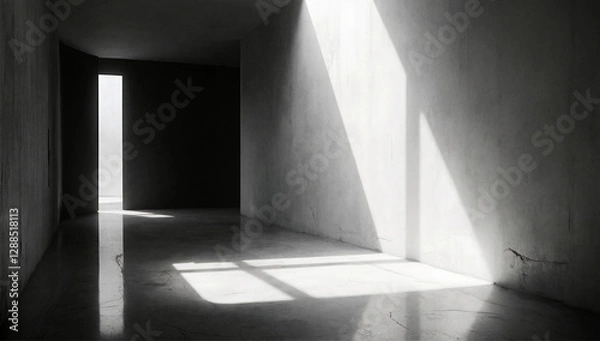 Fototapeta This minimalist interior scene showcases stark walls illuminated by strong light, creating a striking contrast and emphasizing emptiness and architectural beauty.