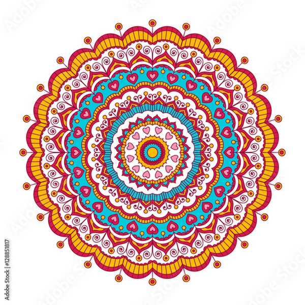Fototapeta Vector hand drawn doodle mandala with hearts. Ethnic mandala with colorful ornament. Isolated. Tribal ornament. Red, yellow, blue, white and pink colors.