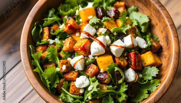 Fototapeta a fresh, colorful salad with mixed greens, roasted vegetables, goat cheese, and a balsamic glaze, served in a wooden bowl