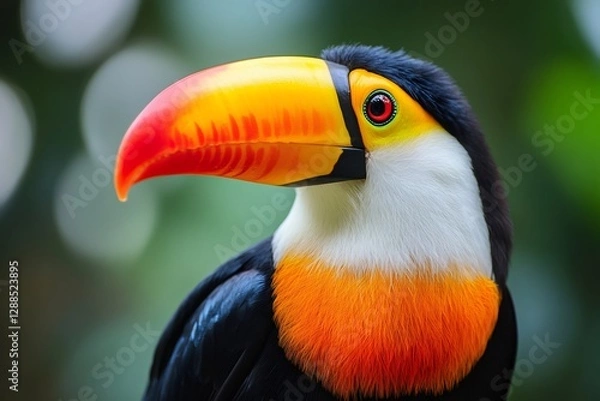 Fototapeta Channel billed toucan showing its colorful beak in the jungle