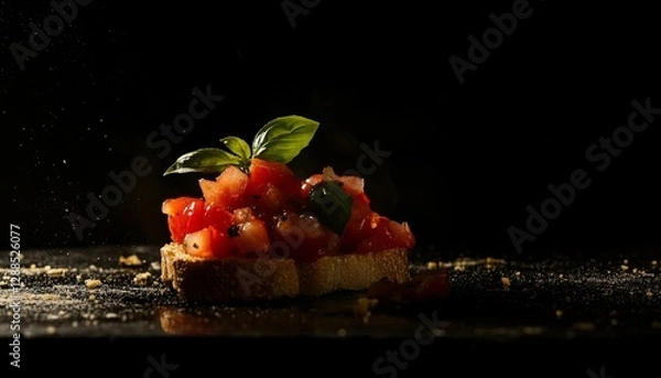 Fototapeta Close up image of bruschetta with tomatoes and basil on dark background with copy space available