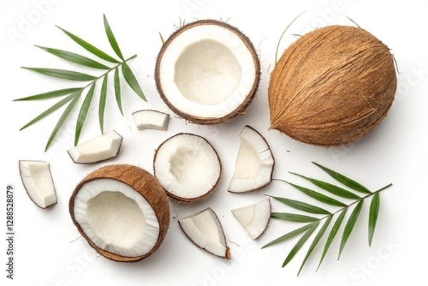 Fototapeta Set of fresh whole and half coconuts and slices isolated on white background, top view. Photo created by AI
