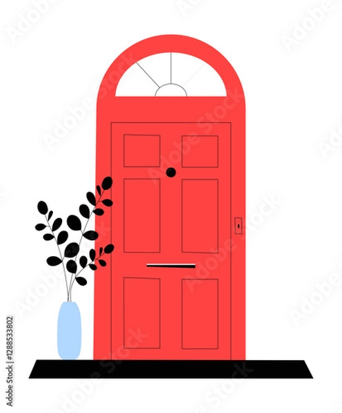 Obraz Red Wooden Door With Arched Frame In Flat Vector Illustration Symbolizing Home Entrance, Classic Design, And Security, Isolated On White Background