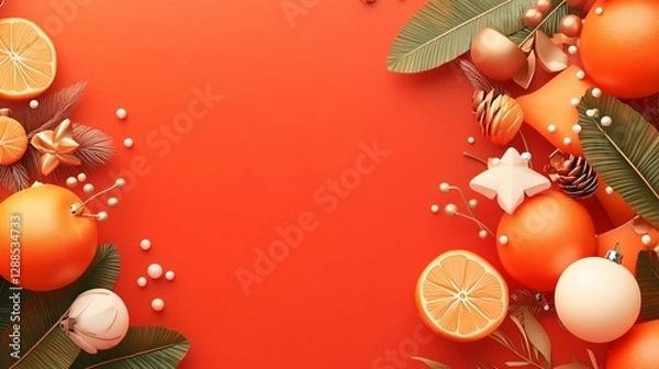 Fototapeta Oranges ornaments and green leaves arranged on a vibrant red background
