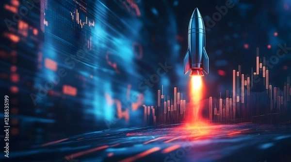 Fototapeta Stock market-inspired illustration showing a rocket launching into the digital trading space with vibrant visuals representing data growth and investment opportunities