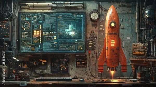 Obraz Retro-Futuristic Rocket Launch Preparation in a Dusty Workshop