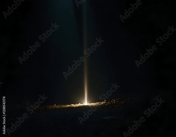 Fototapeta A single beam of light pierces deep darkness, creating a striking contrast. Soft edges fade into the void, with floating dust particles adding depth. A minimalist composition evoking mystery and hope.