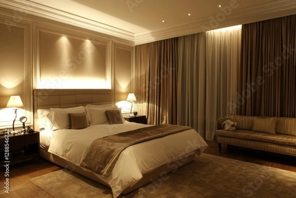 Fototapeta Modern luxury bedroom interior design featuring elegant lighting and minimalist furniture, offering a sophisticated and stylish ambiance