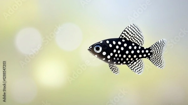 Fototapeta Spotted fish swims, bokeh background, aquarium, pet