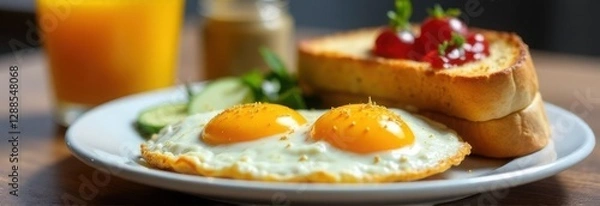 Fototapeta Fried eggs and toast with jam on a white plate, tasty breakfast serving