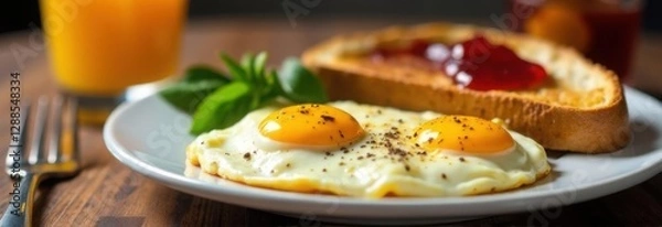 Fototapeta Fried eggs and toast with jam on a white plate, tasty breakfast serving