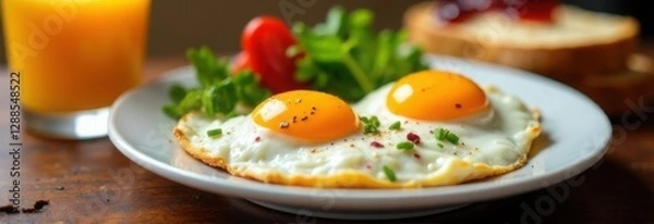 Fototapeta Fried eggs and toast with jam on a white plate, tasty breakfast serving