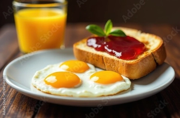 Fototapeta Fried eggs and toast with jam on a white plate, glass of orange juice, tasty breakfast serving