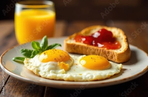 Fototapeta Fried eggs and toast with jam on a white plate, glass of orange juice, tasty breakfast serving