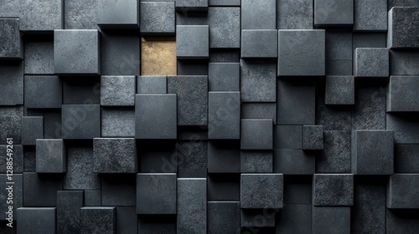 Fototapeta Cubic Stone Wall With One Golden Highlighted Element