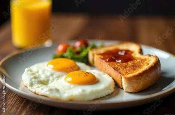 Fototapeta Fried eggs and toast with jam on a white plate, glass of orange juice, tasty breakfast serving