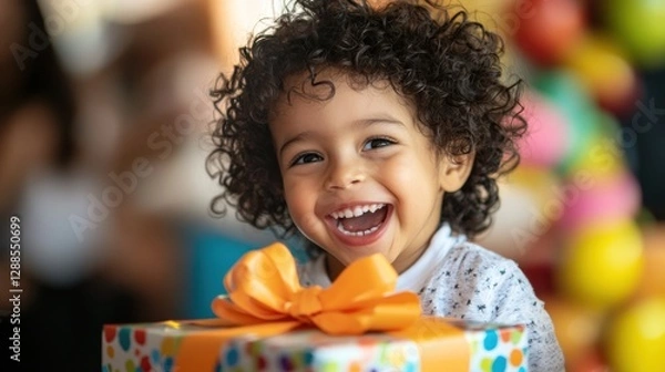 Fototapeta A joyful moment of a child opening a wrapped gift with excitement, the camera focusing on the presentâ€™s bow and colorful wrapping paper, surrounded by a festive atmosphere 
