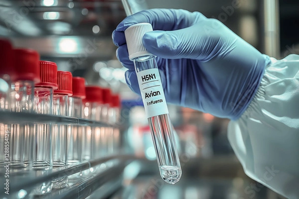 Fototapeta Close-up of a health worker's hand holding a test tube with a medical drug and the inscription on the tube "H5N1 Avian Influenza".