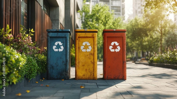 Fototapeta Three Separated Recycling Bins for Plastic, Glass, and Paper in a Modern Urban Park Setting