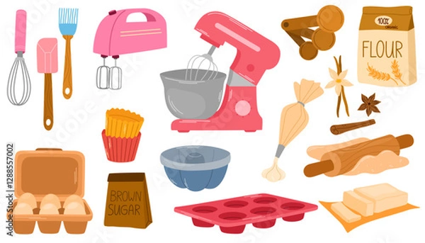 Fototapeta Baking tools, utensils, ingredients set. Kitchen supplies, bakery stuff for cooking cake. Flour bag, sugar, oil, butter, mixer, whisk. Flat graphic vector illustration isolated on white background